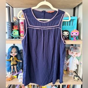 Modcloth Dark Blue Sleeveless Blouse with lilac Trim and buttons